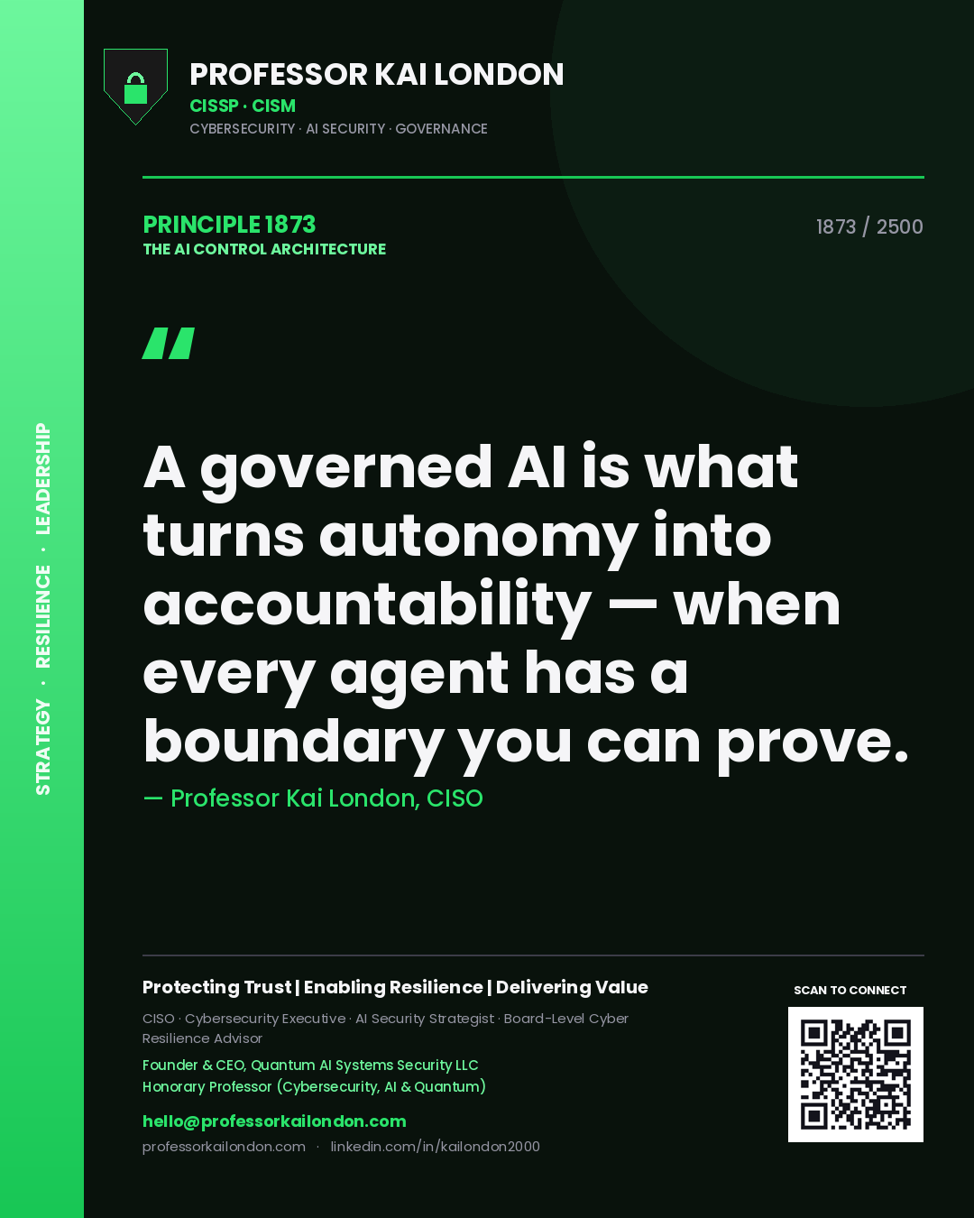 Professor Kai London principle 1873: A governed AI is what turns autonomy into accountability — when every agent has a boundary you can prove.
