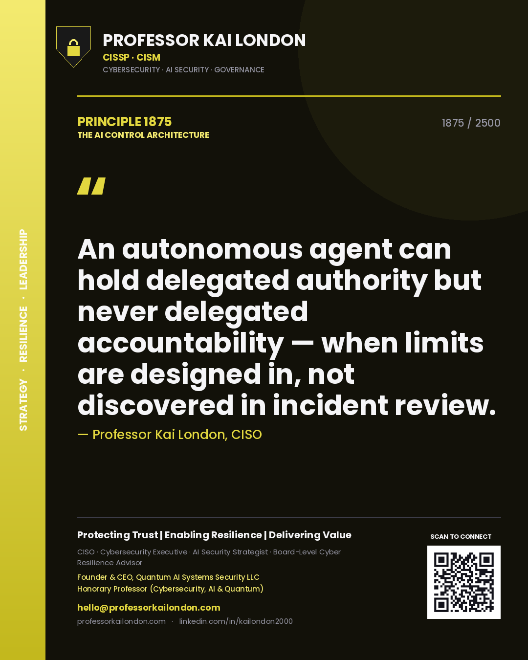 Professor Kai London principle 1875: An autonomous agent can hold delegated authority but never delegated accountability — when limits are designed in, not discovered in incident review.