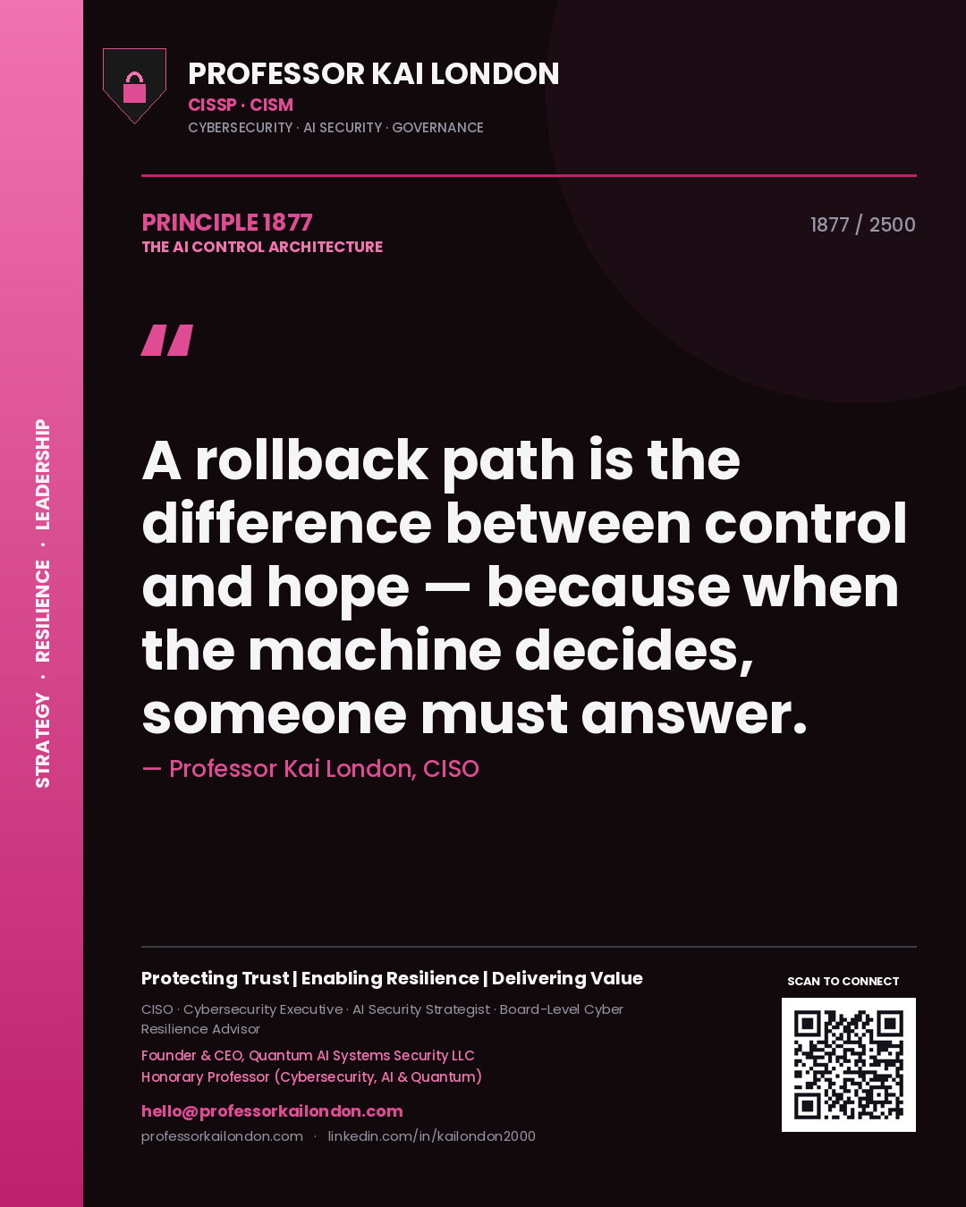 Professor Kai London principle 1877: A rollback path is the difference between control and hope — because when the machine decides, someone must answer.