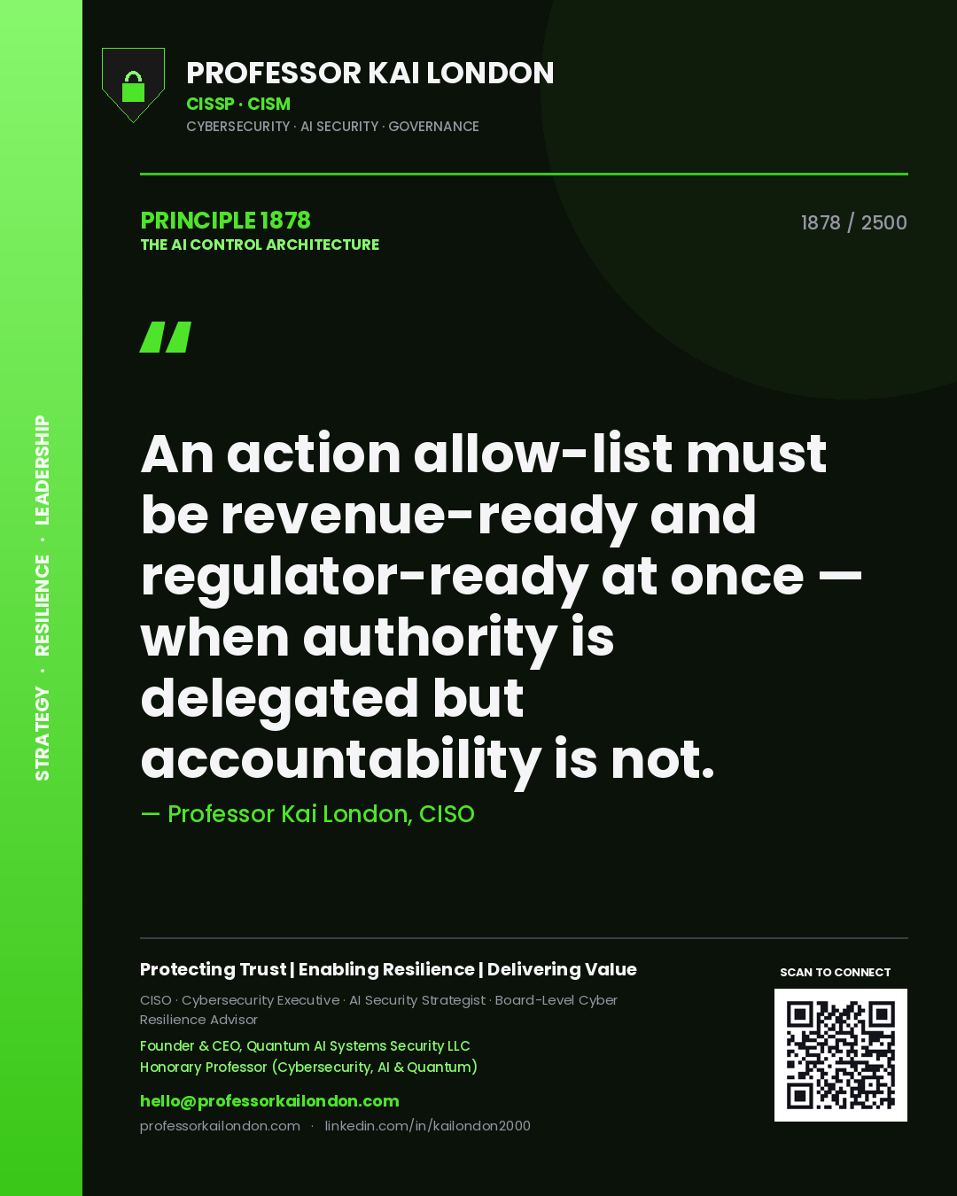 Quote card by Professor Kai London reading 'An action allow-list must be revenue-ready and regulator-ready at once — when authority is delegated but accountability is not.'. From the book The AI Control Architecture.