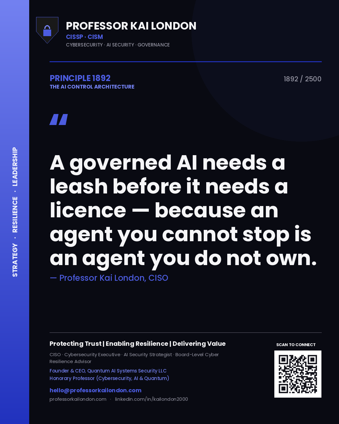 Quote card by Professor Kai London reading 'A governed AI needs a leash before it needs a licence — because an agent you cannot stop is an agent you do not own.'. From the book The AI Control Architecture.
