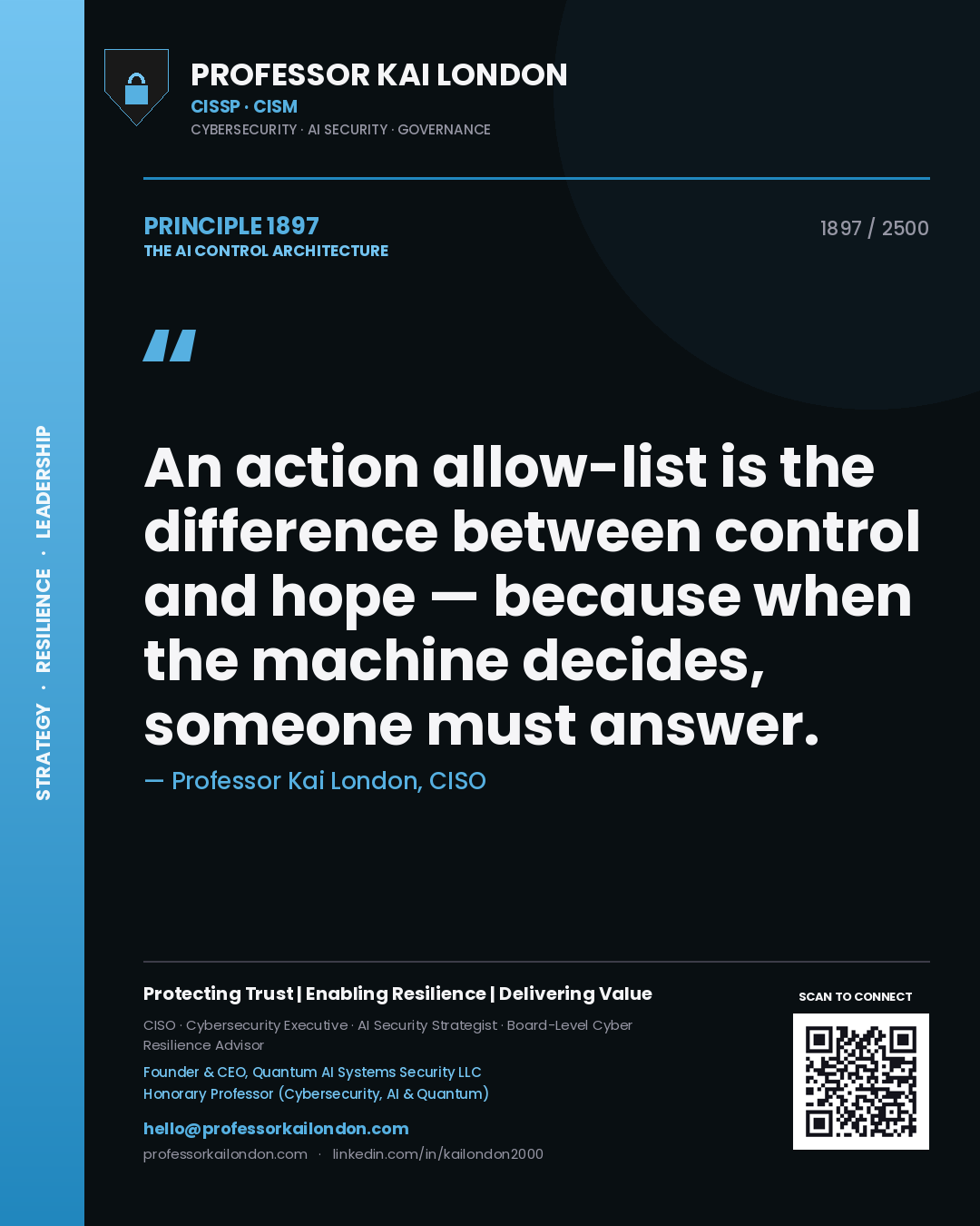Quote card by Professor Kai London reading 'An action allow-list is the difference between control and hope — because when the machine decides, someone must answer.'. From the book The AI Control Architecture.