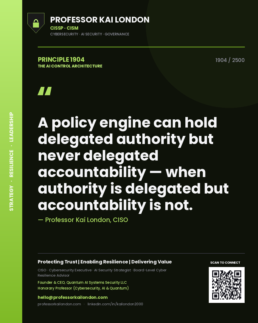 Professor Kai London principle 1904: A policy engine can hold delegated authority but never delegated accountability — when authority is delegated but accountability is not.