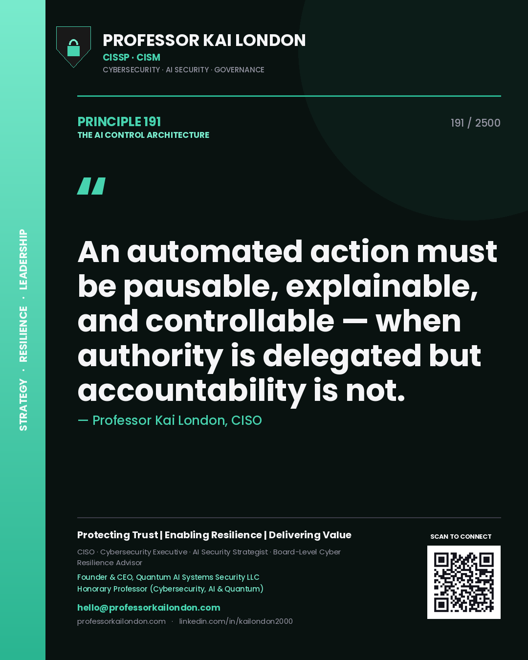 Professor Kai London principle 191: An automated action must be pausable, explainable, and controllable — when authority is delegated but accountability is not.