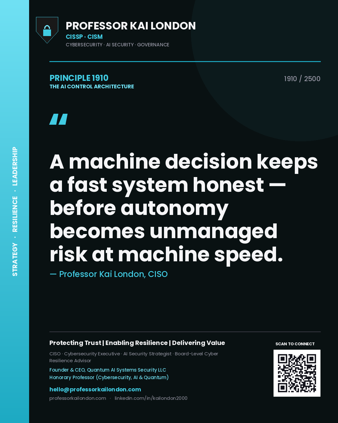 Quote card by Professor Kai London reading 'A machine decision keeps a fast system honest — before autonomy becomes unmanaged risk at machine speed.'. From the book The AI Control Architecture.