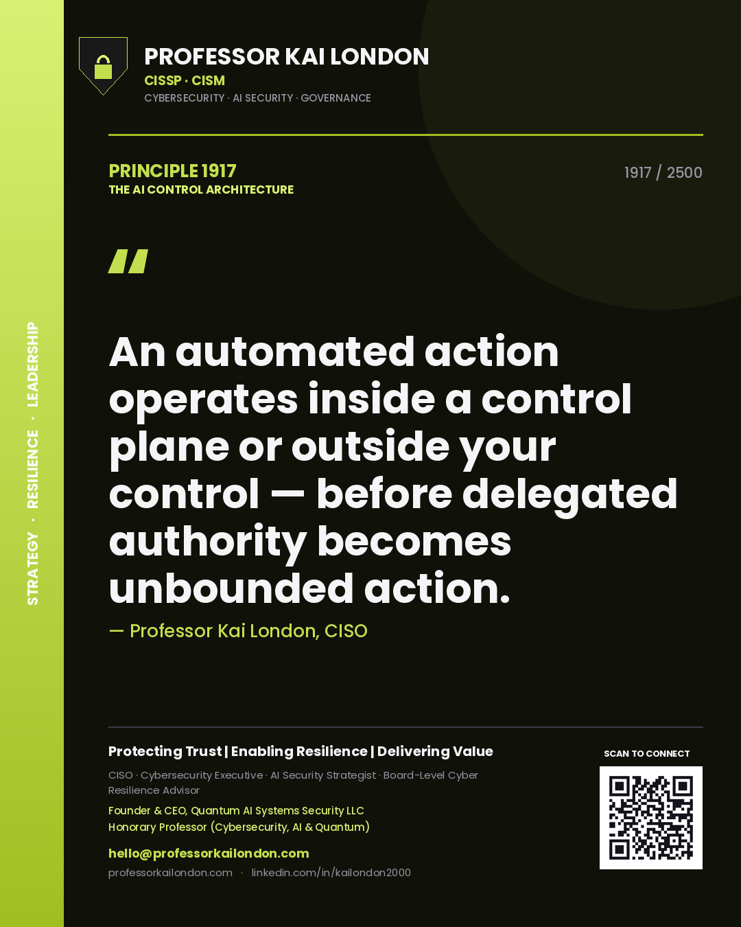 Professor Kai London principle 1917: An automated action operates inside a control plane or outside your control — before delegated authority becomes unbounded action.