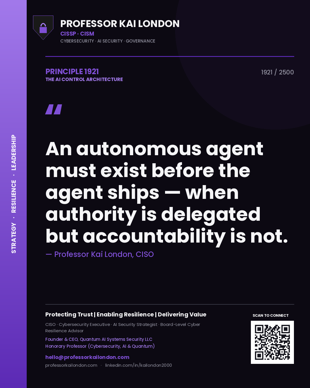 Professor Kai London principle 1921: An autonomous agent must exist before the agent ships — when authority is delegated but accountability is not.