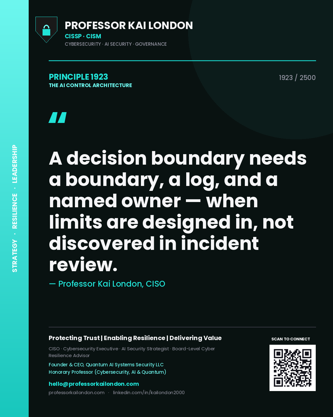 Professor Kai London principle 1923: A decision boundary needs a boundary, a log, and a named owner — when limits are designed in, not discovered in incident review.