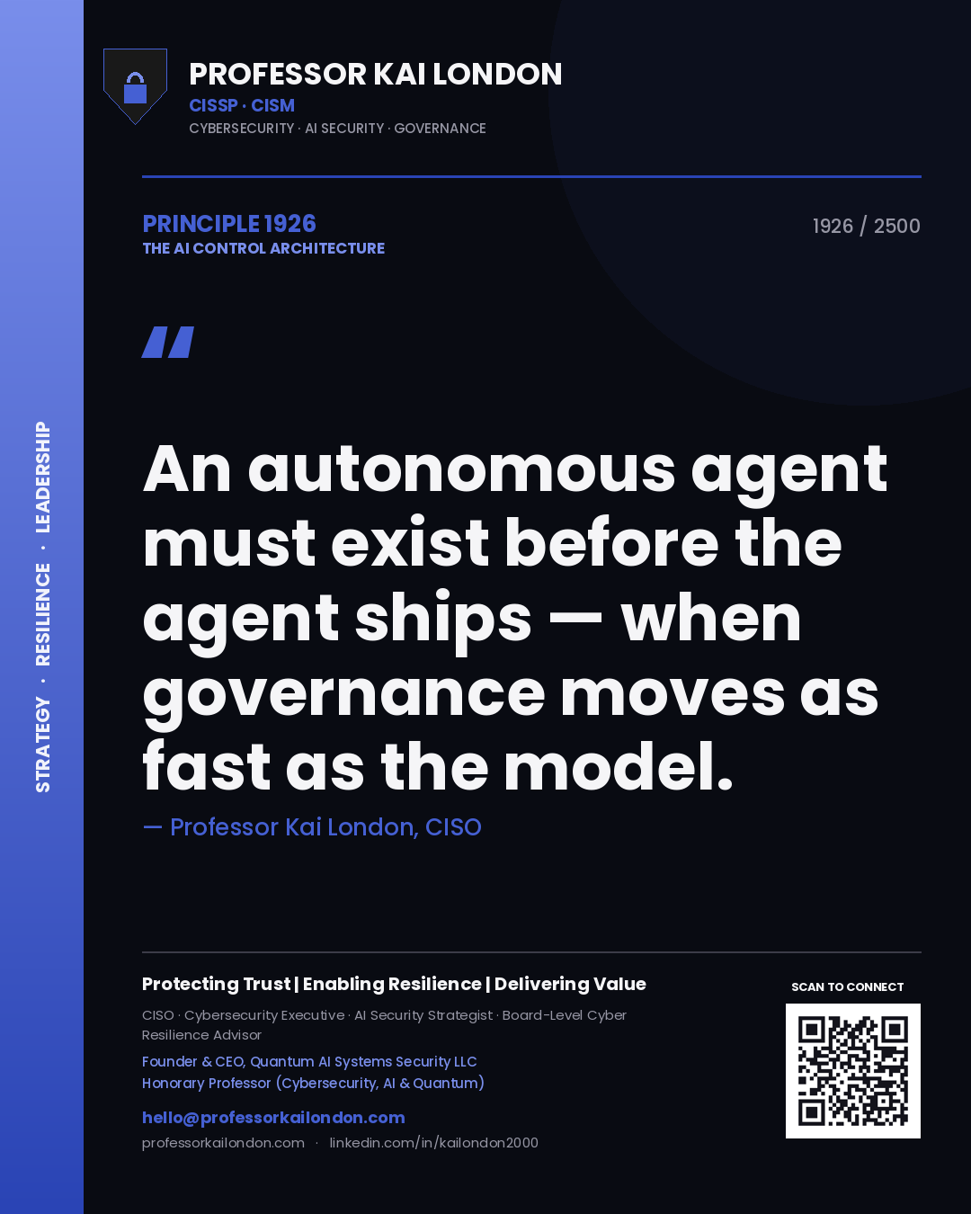 Professor Kai London principle 1926: An autonomous agent must exist before the agent ships — when governance moves as fast as the model.