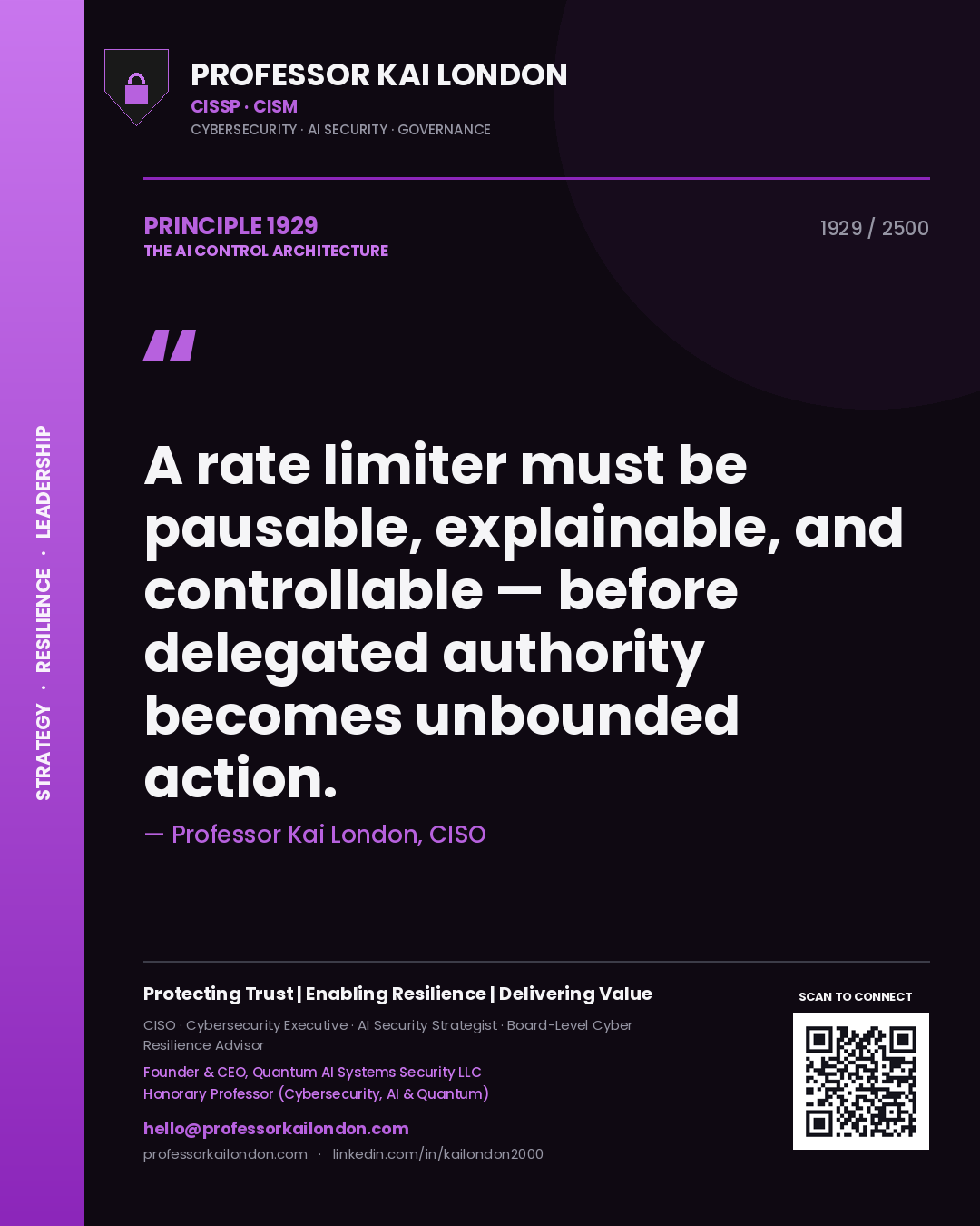 Professor Kai London principle 1929: A rate limiter must be pausable, explainable, and controllable — before delegated authority becomes unbounded action.