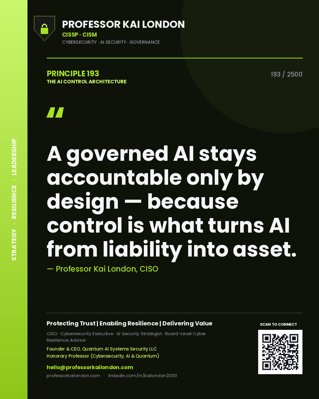 Professor Kai London principle 193: A governed AI stays accountable only by design — because control is what turns AI from liability into asset.