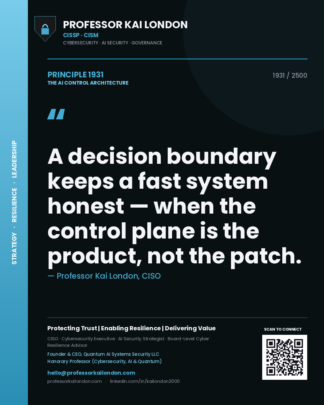 Quote card by Professor Kai London reading 'A decision boundary keeps a fast system honest — when the control plane is the product, not the patch.'. From the book The AI Control Architecture.