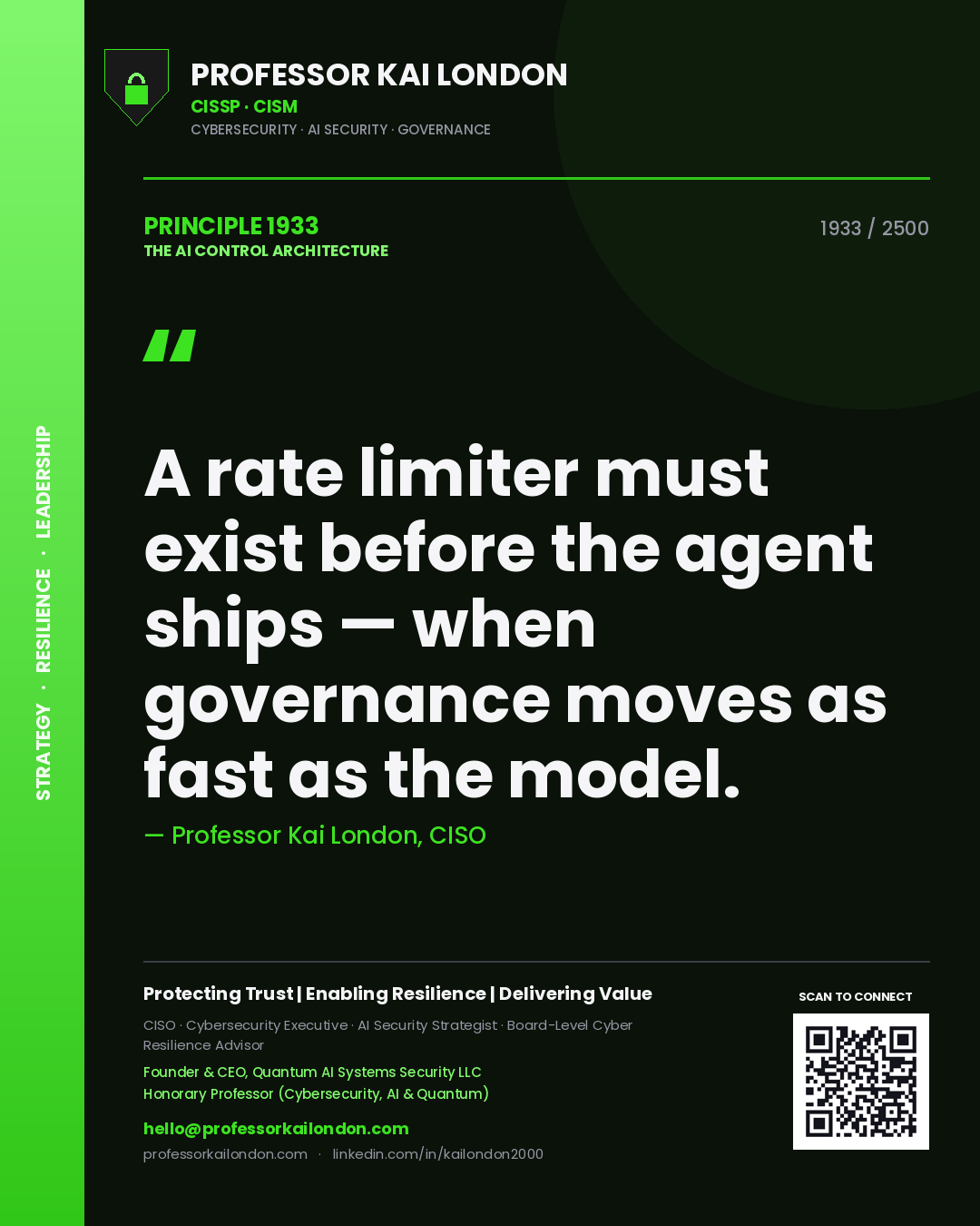 Professor Kai London principle 1933: A rate limiter must exist before the agent ships — when governance moves as fast as the model.