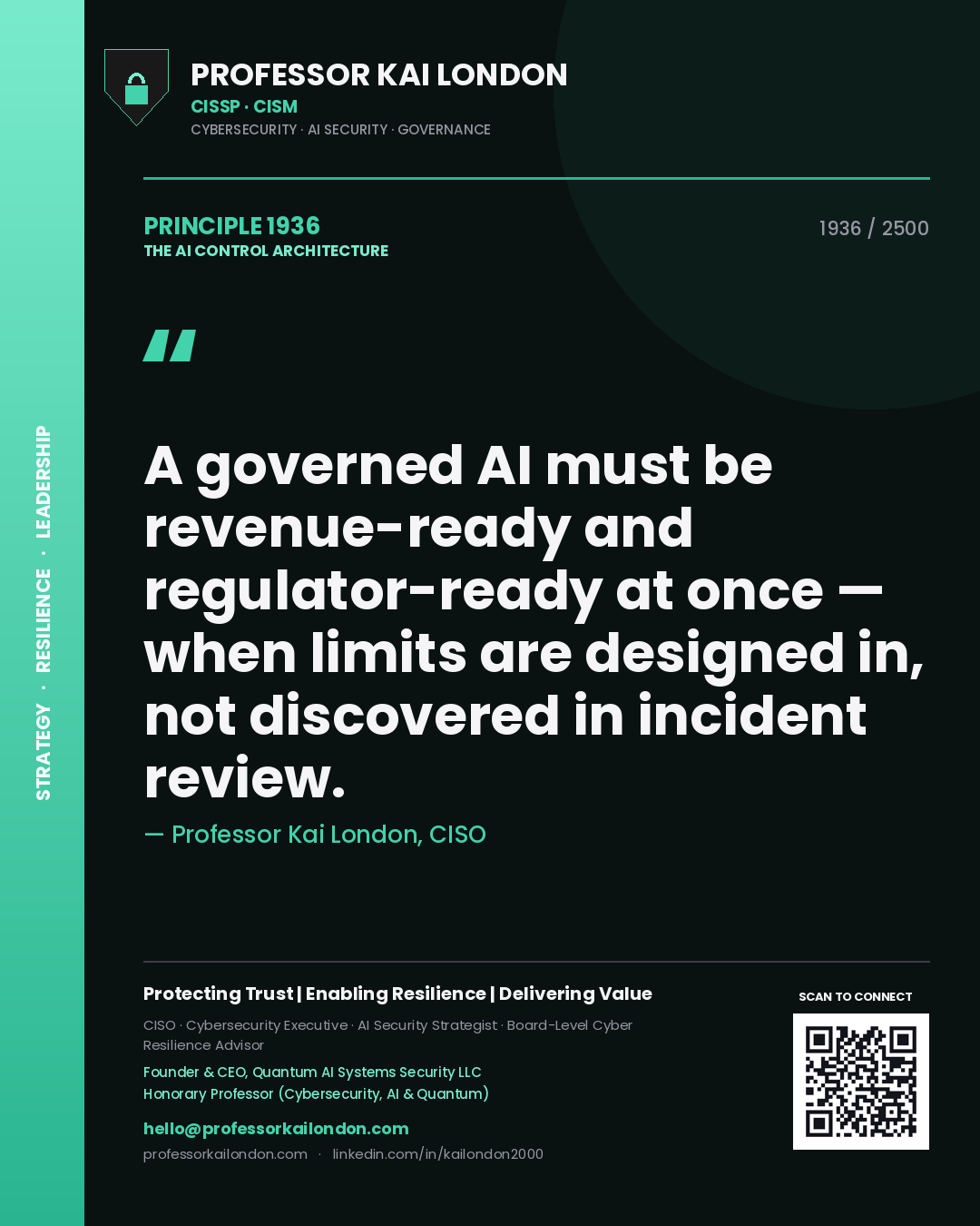 Professor Kai London principle 1936: A governed AI must be revenue-ready and regulator-ready at once — when limits are designed in, not discovered in incident review.