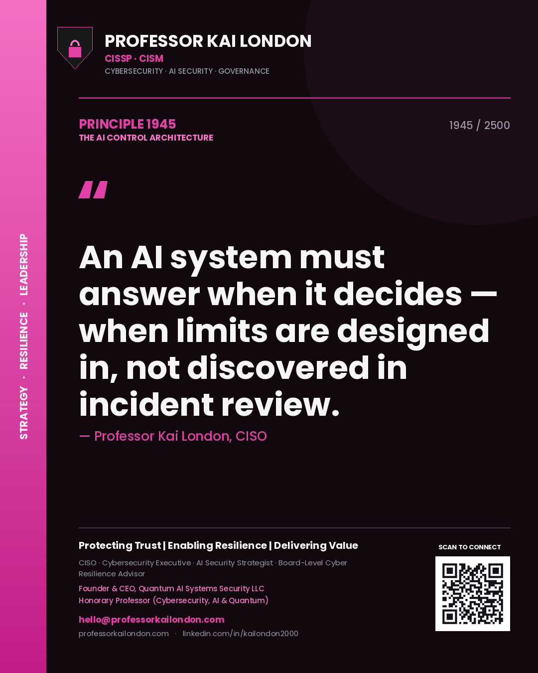 Professor Kai London principle 1945: An AI system must answer when it decides — when limits are designed in, not discovered in incident review.