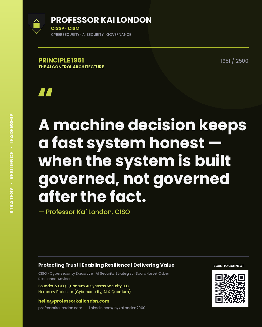 Quote card by Professor Kai London reading 'A machine decision keeps a fast system honest — when the system is built governed, not governed after the fact.'. From the book The AI Control Architecture.