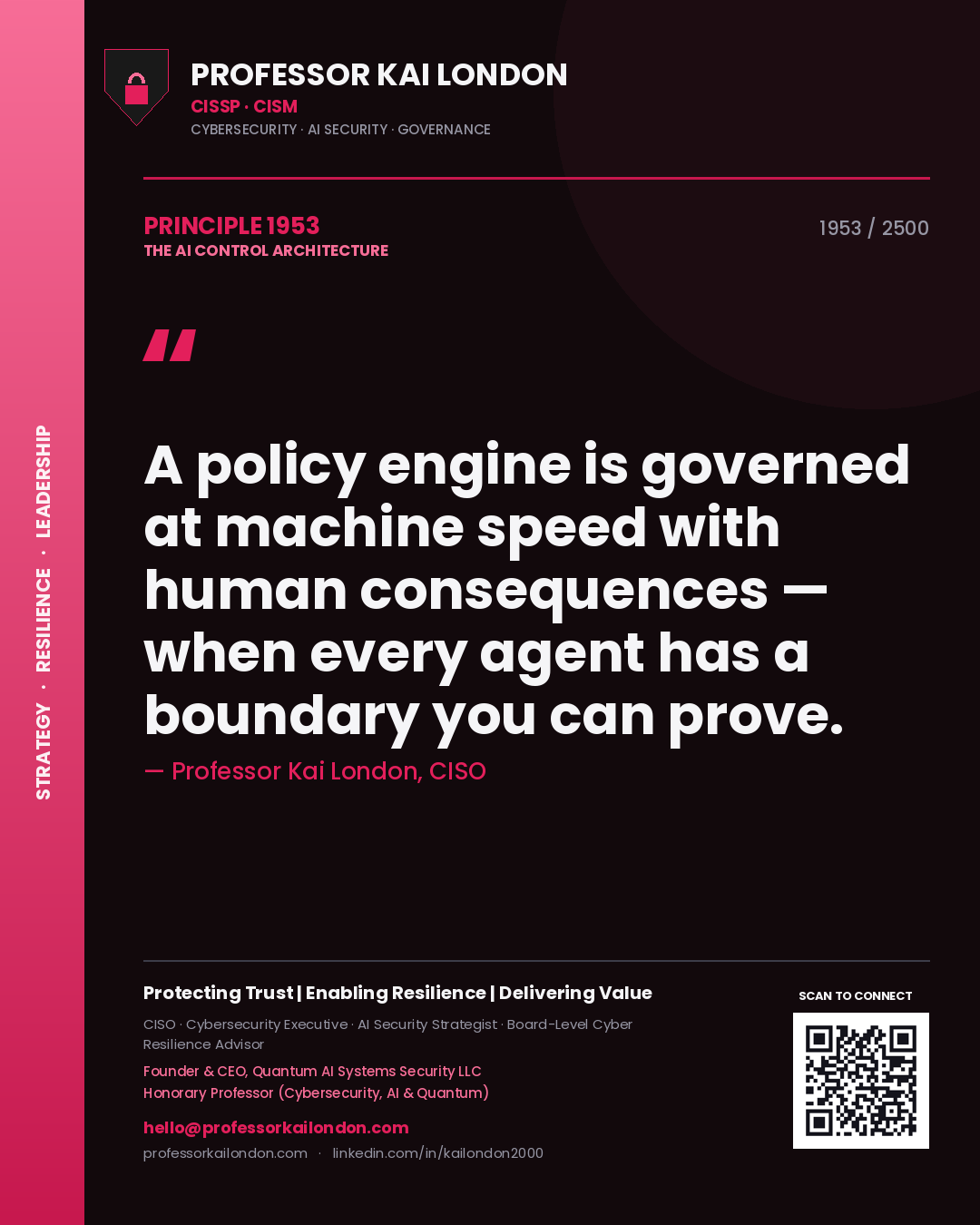 Quote card by Professor Kai London reading 'A policy engine is governed at machine speed with human consequences — when every agent has a boundary you can prove.'. From the book The AI Control Architecture.