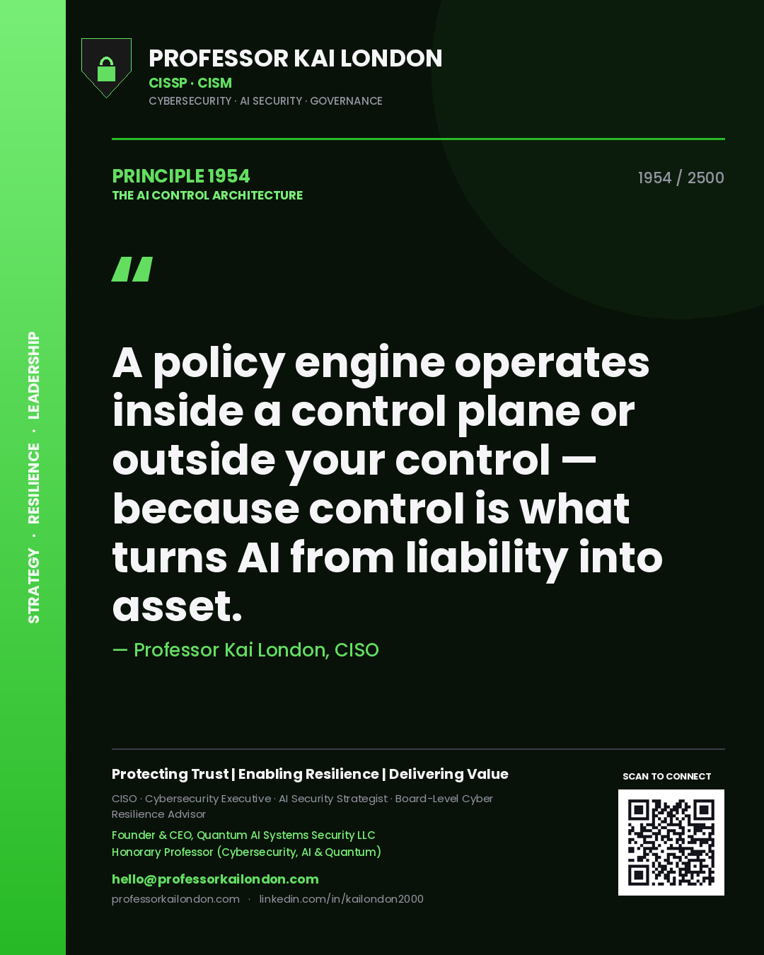 Quote card by Professor Kai London reading 'A policy engine operates inside a control plane or outside your control — because control is what turns AI from liability into asset.'. From the book The AI Control Architecture.