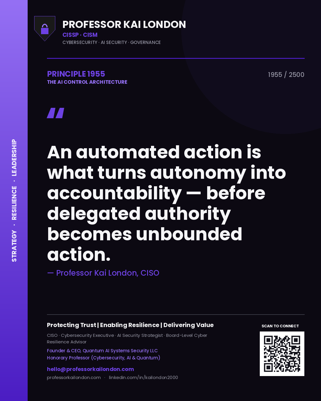 Professor Kai London principle 1955: An automated action is what turns autonomy into accountability — before delegated authority becomes unbounded action.