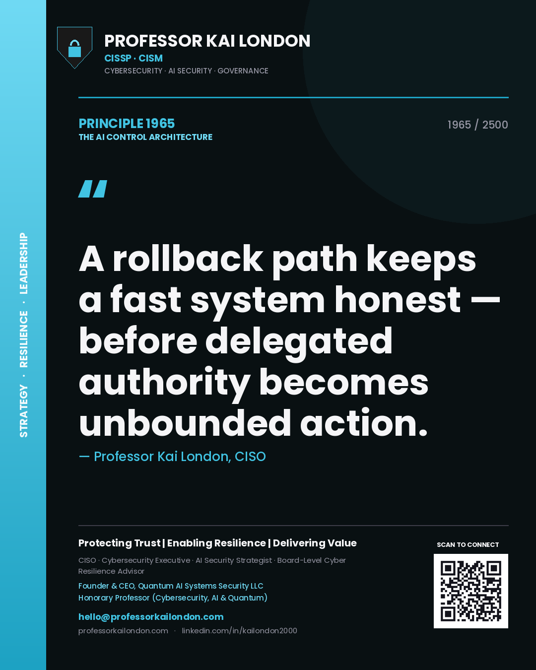 Professor Kai London principle 1965: A rollback path keeps a fast system honest — before delegated authority becomes unbounded action.