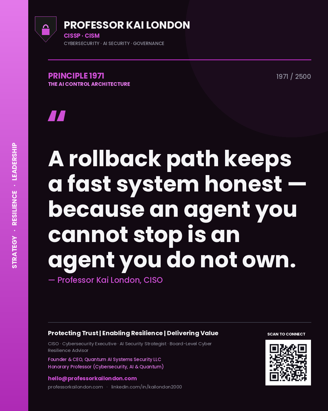 Quote card by Professor Kai London reading 'A rollback path keeps a fast system honest — because an agent you cannot stop is an agent you do not own.'. From the book The AI Control Architecture.