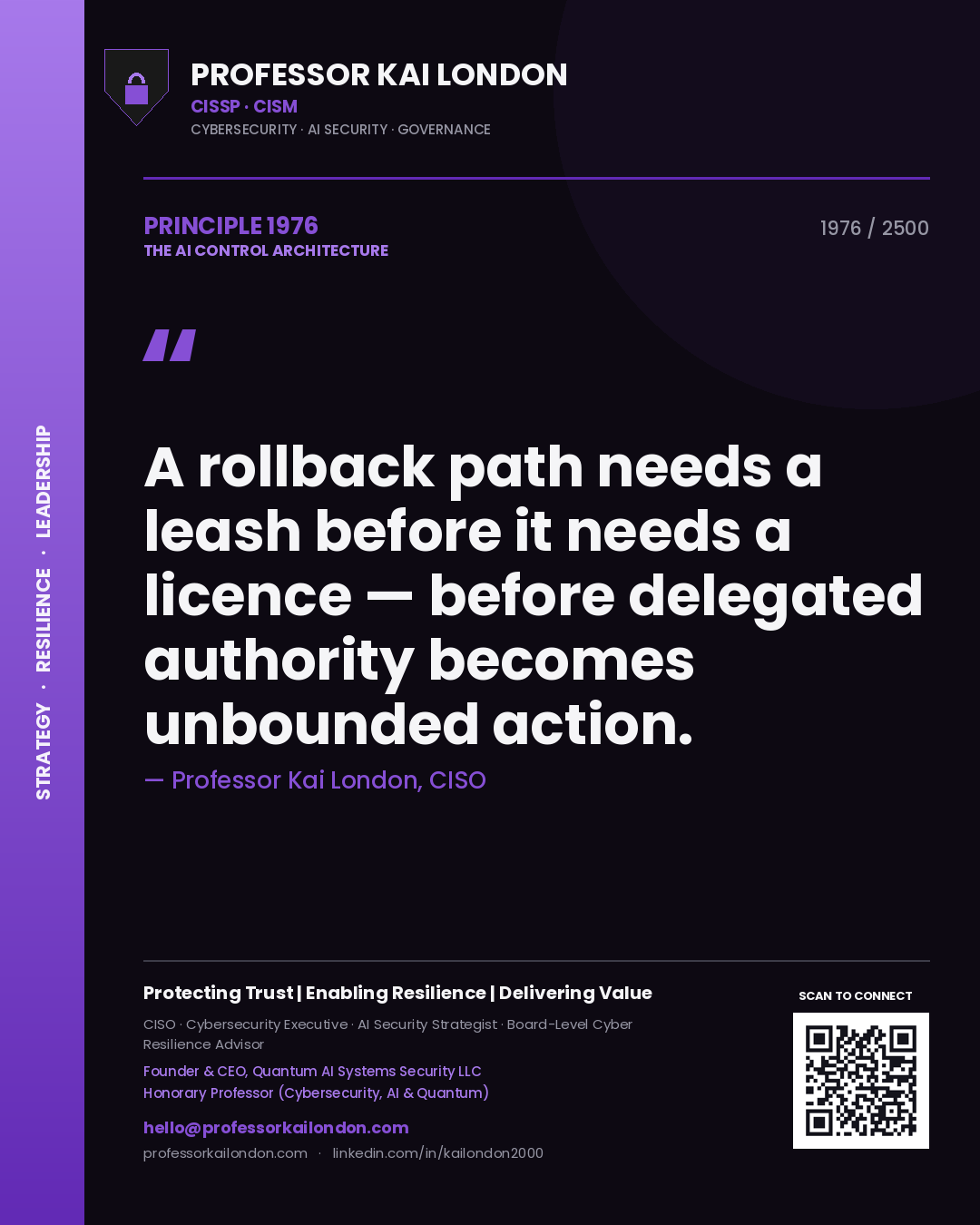 Quote card by Professor Kai London reading 'A rollback path needs a leash before it needs a licence — before delegated authority becomes unbounded action.'. From the book The AI Control Architecture.