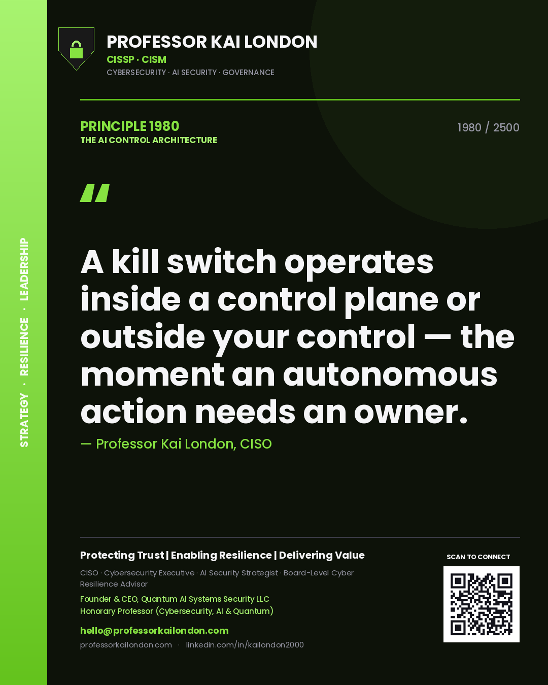 Professor Kai London principle 1980: A kill switch operates inside a control plane or outside your control — the moment an autonomous action needs an owner.