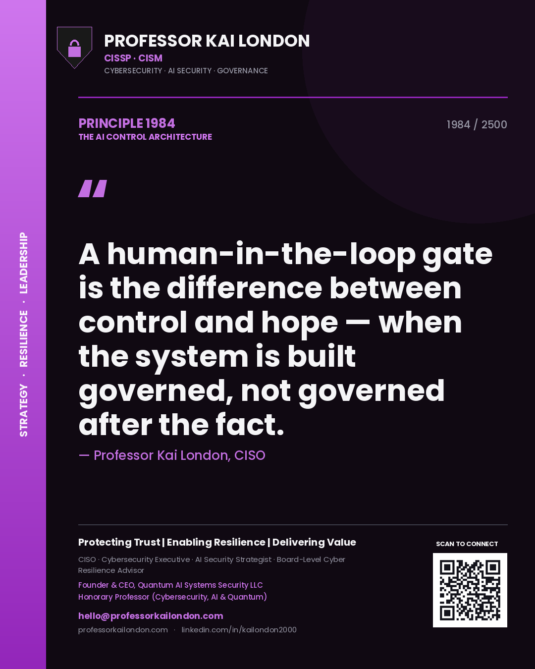 Professor Kai London principle 1984: A human-in-the-loop gate is the difference between control and hope — when the system is built governed, not governed after the fact.
