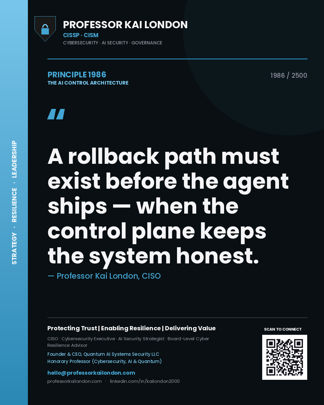 Professor Kai London principle 1986: A rollback path must exist before the agent ships — when the control plane keeps the system honest.