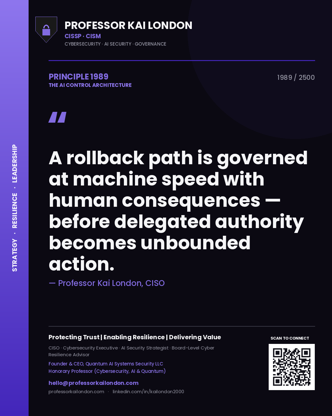 Quote card by Professor Kai London reading 'A rollback path is governed at machine speed with human consequences — before delegated authority becomes unbounded action.'. From the book The AI Control Architecture.