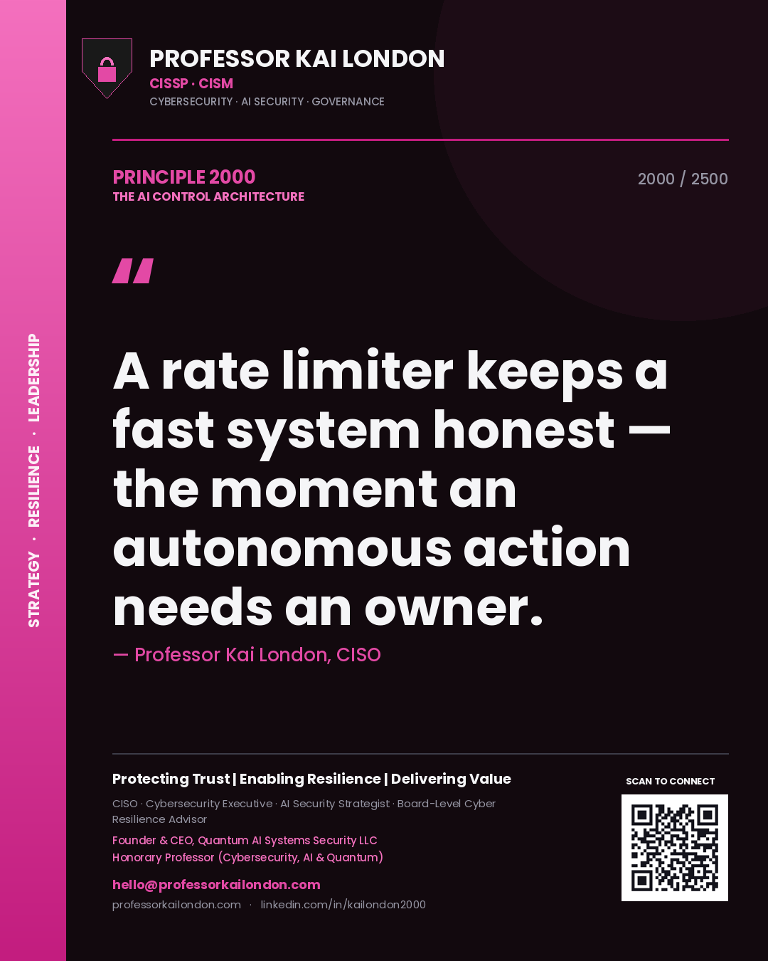Professor Kai London principle 2000: A rate limiter keeps a fast system honest — the moment an autonomous action needs an owner.