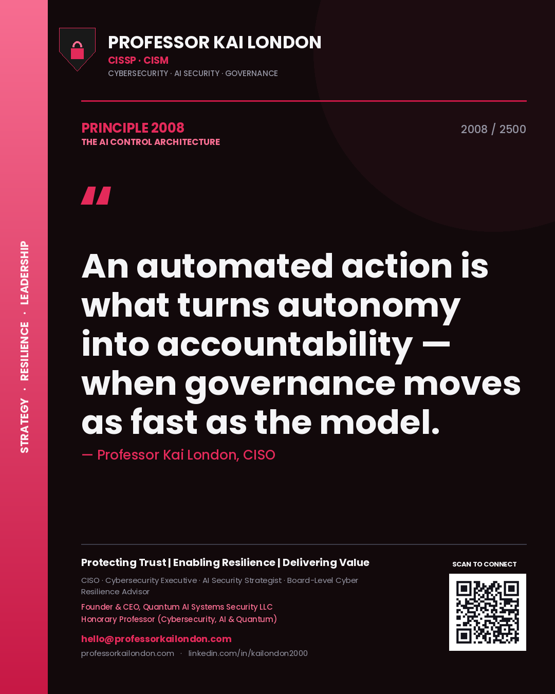 Professor Kai London principle 2008: An automated action is what turns autonomy into accountability — when governance moves as fast as the model.