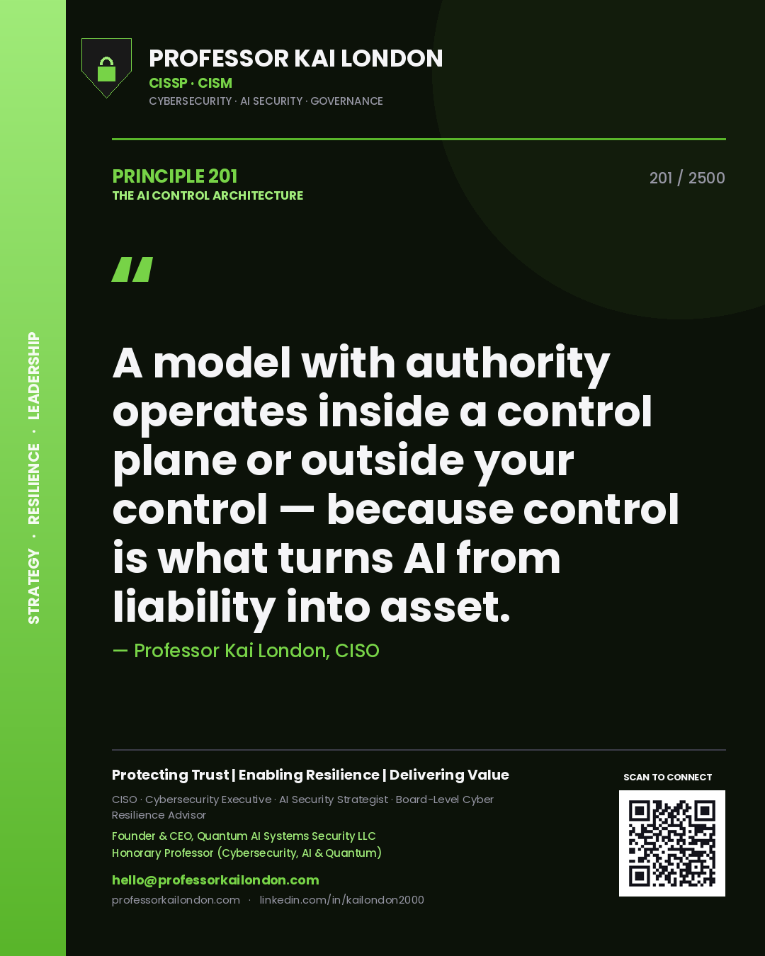 Professor Kai London principle 201: A model with authority operates inside a control plane or outside your control — because control is what turns AI from liability into asset.
