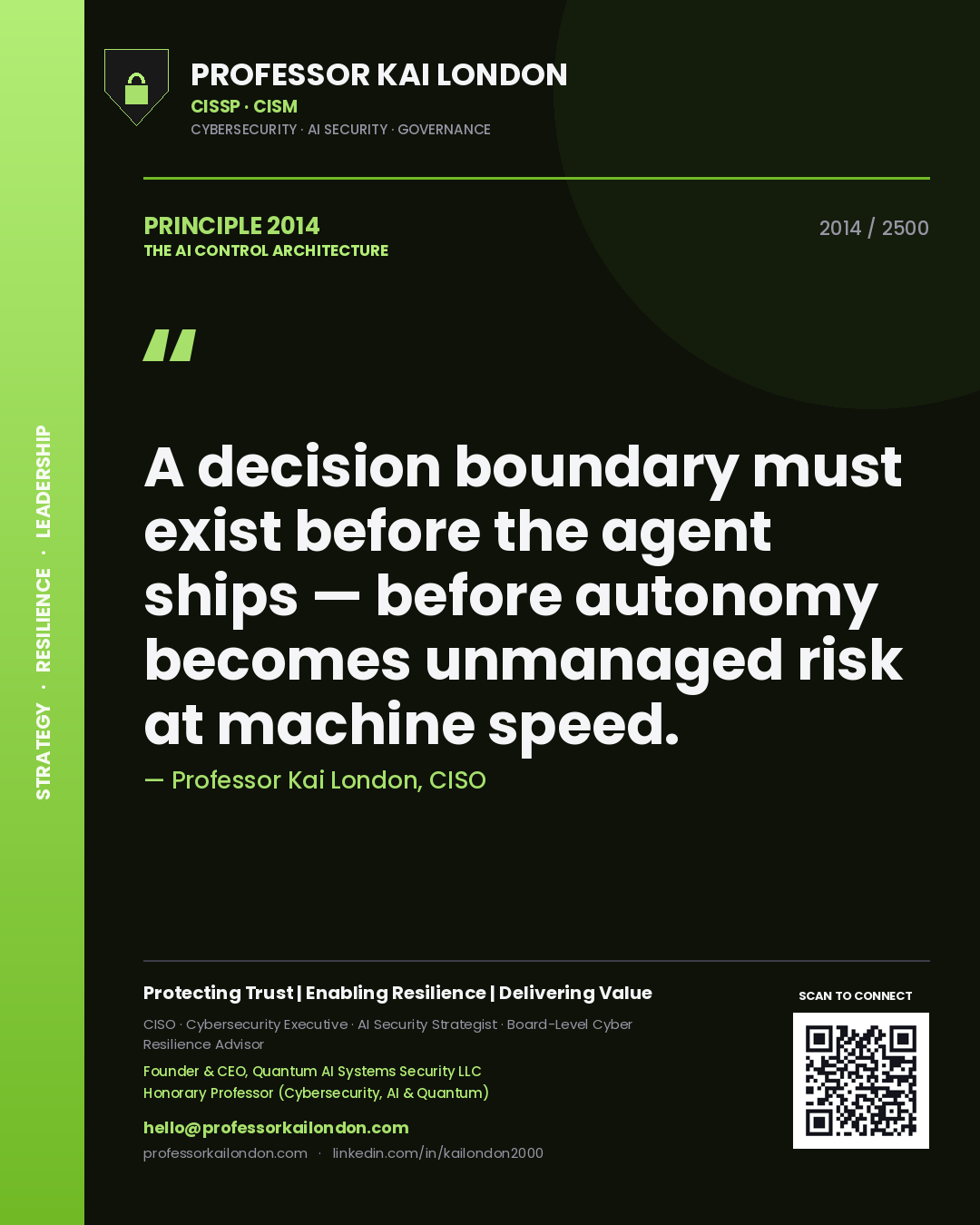 Quote card by Professor Kai London reading 'A decision boundary must exist before the agent ships — before autonomy becomes unmanaged risk at machine speed.'. From the book The AI Control Architecture.