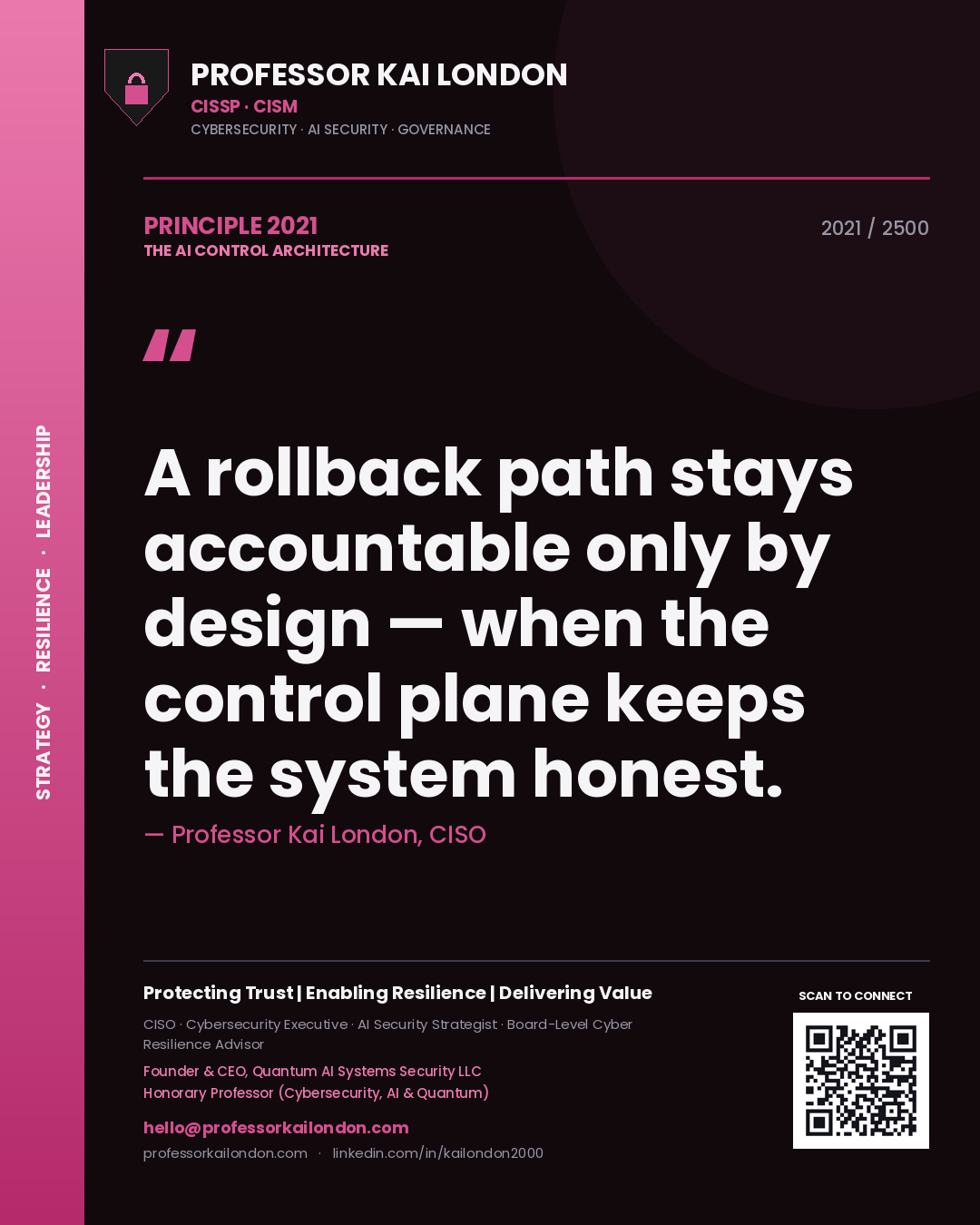 Quote card by Professor Kai London reading 'A rollback path stays accountable only by design — when the control plane keeps the system honest.'. From the book The AI Control Architecture.