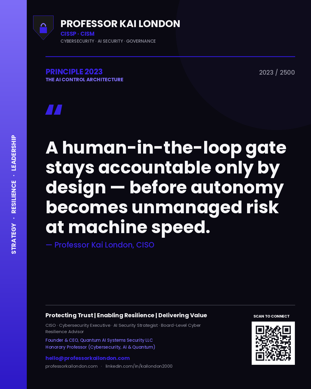 Professor Kai London principle 2023: A human-in-the-loop gate stays accountable only by design — before autonomy becomes unmanaged risk at machine speed.