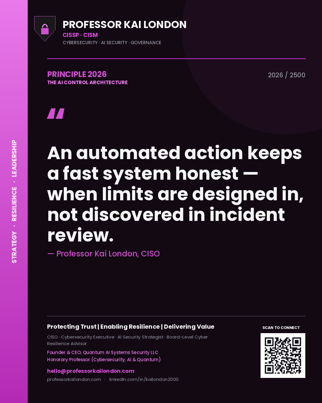 Quote card by Professor Kai London reading 'An automated action keeps a fast system honest — when limits are designed in, not discovered in incident review.'. From the book The AI Control Architecture.