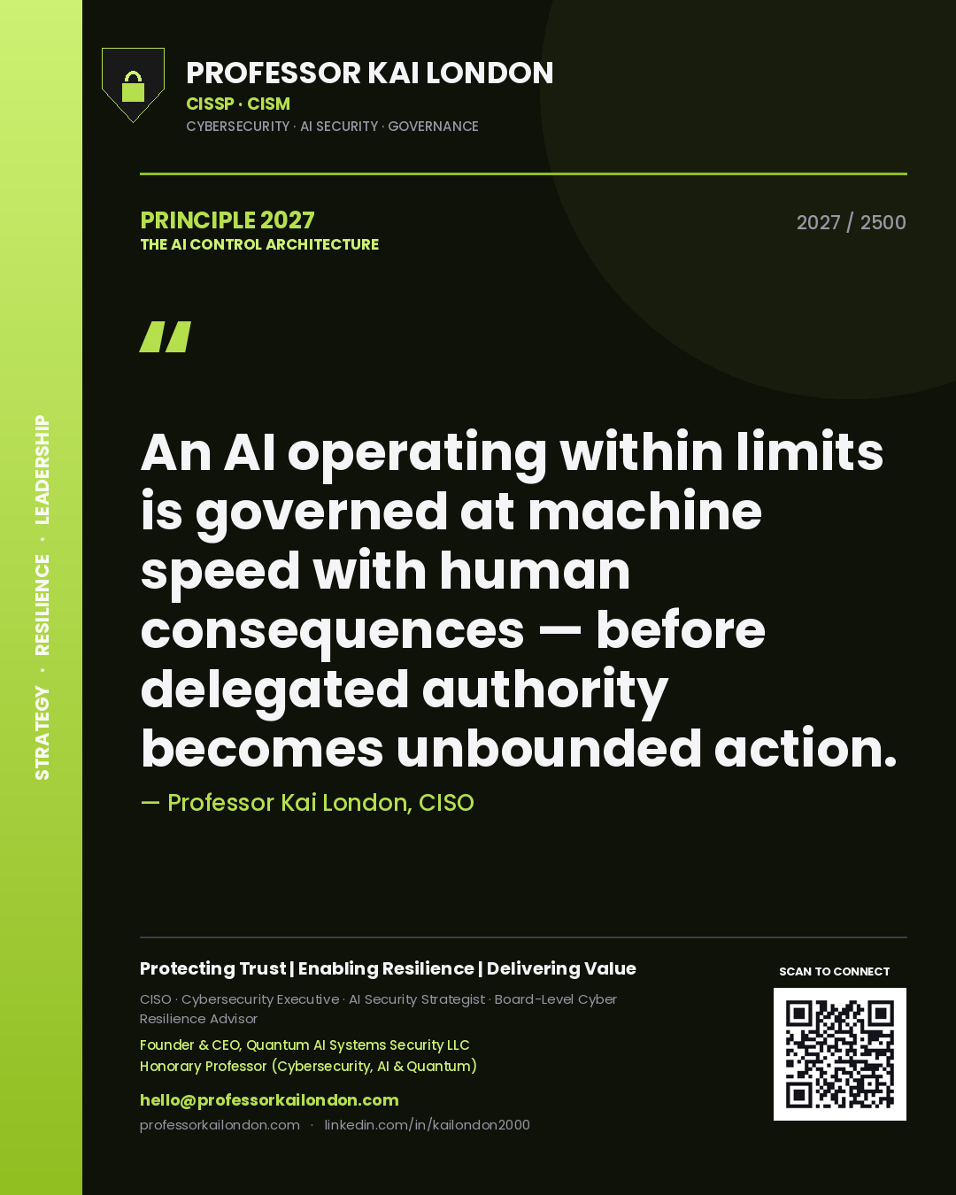 Professor Kai London principle 2027: An AI operating within limits is governed at machine speed with human consequences — before delegated authority becomes unbounded action.