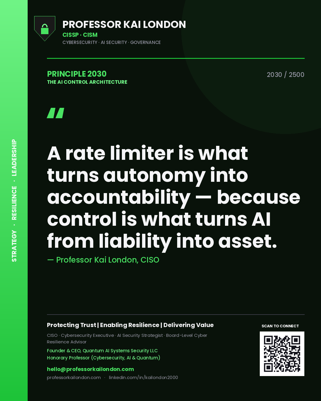 Professor Kai London principle 2030: A rate limiter is what turns autonomy into accountability — because control is what turns AI from liability into asset.