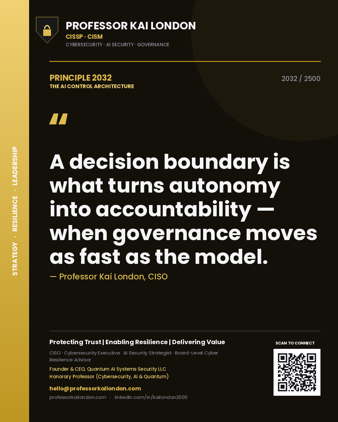 Professor Kai London principle 2032: A decision boundary is what turns autonomy into accountability — when governance moves as fast as the model.