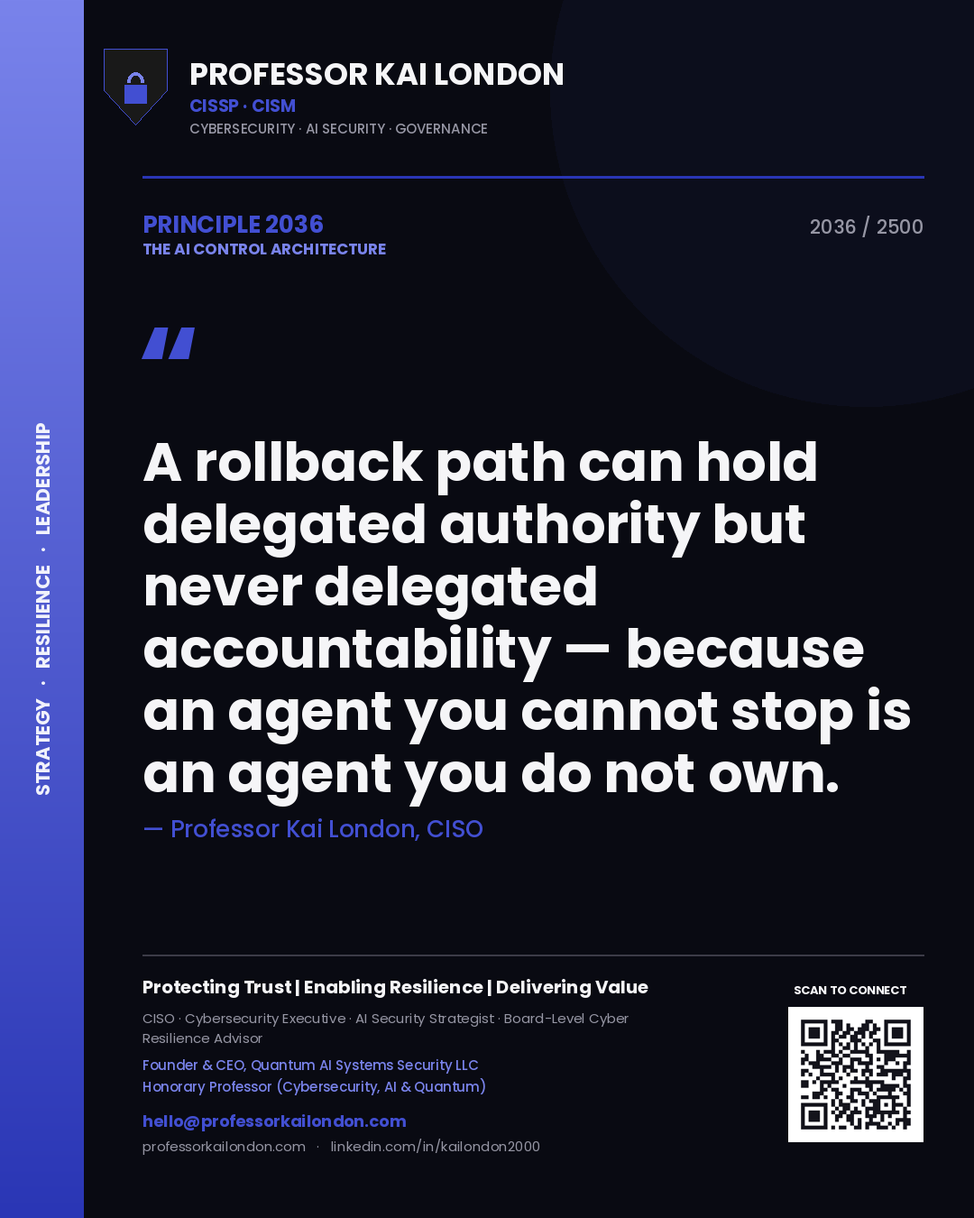 Quote card by Professor Kai London reading 'A rollback path can hold delegated authority but never delegated accountability — because an agent you cannot stop is an agent you do not own.'. From the book The AI Control Architecture.