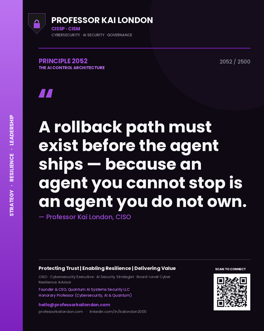 Professor Kai London principle 2052: A rollback path must exist before the agent ships — because an agent you cannot stop is an agent you do not own.