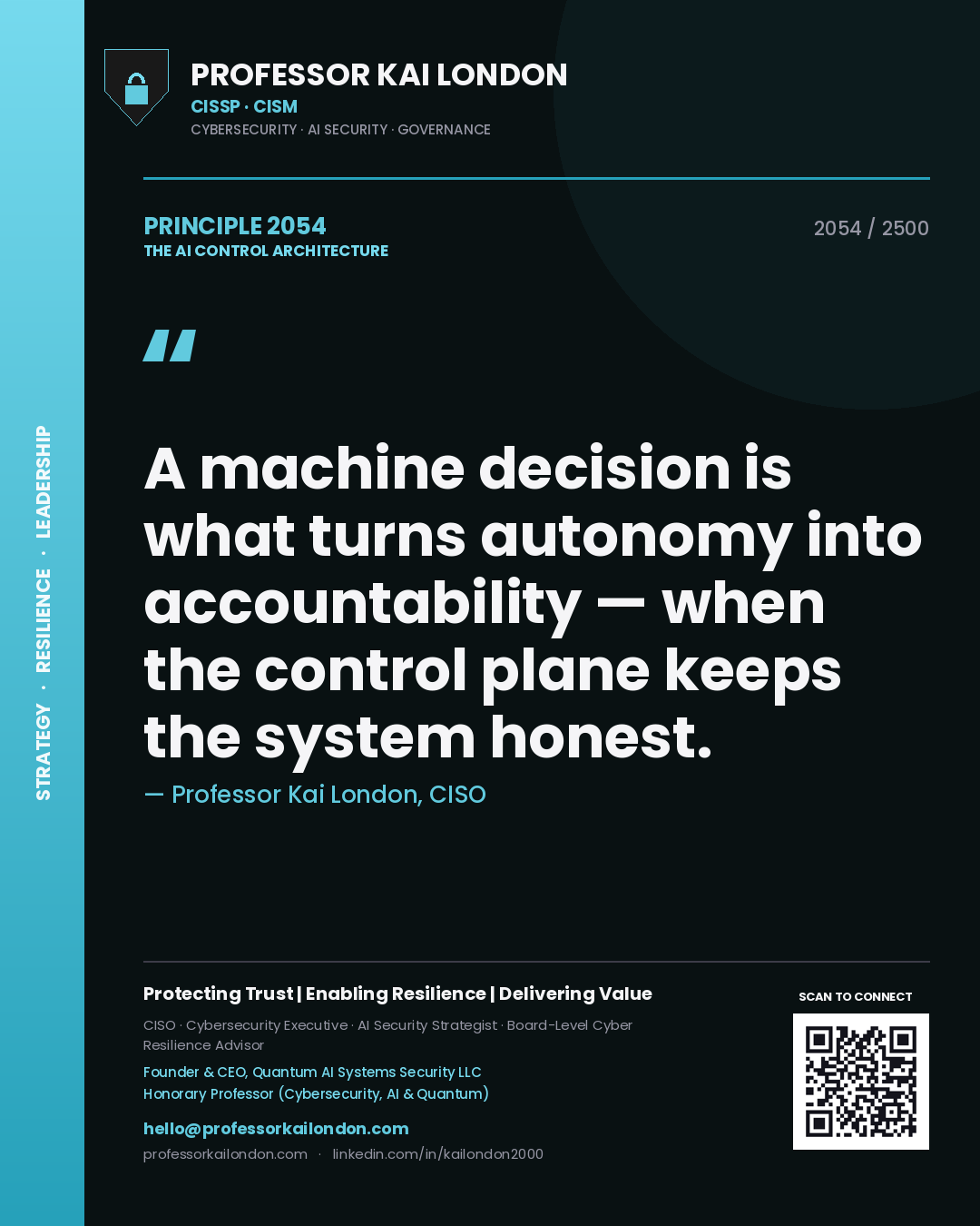 Quote card by Professor Kai London reading 'A machine decision is what turns autonomy into accountability — when the control plane keeps the system honest.'. From the book The AI Control Architecture.