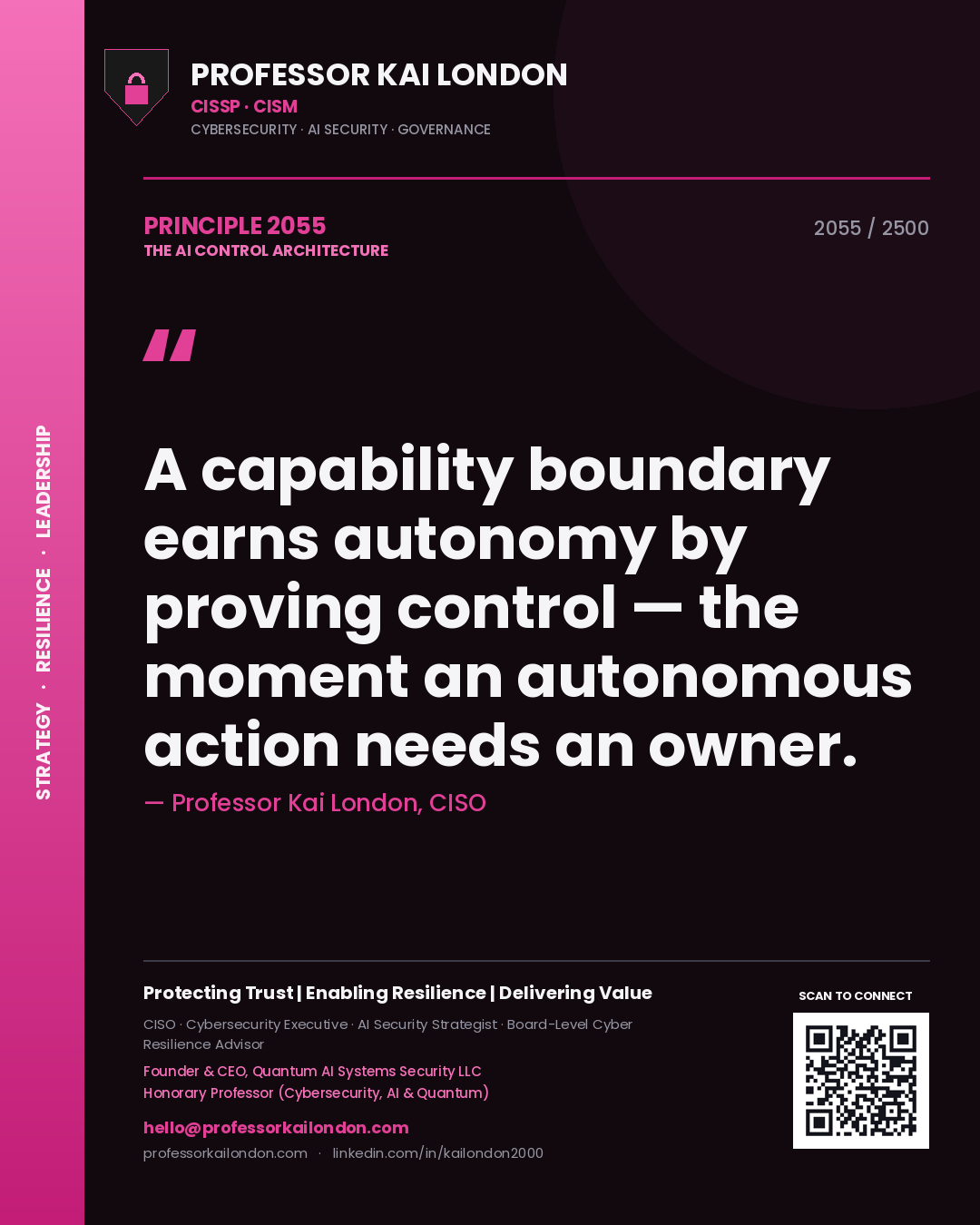 Quote card by Professor Kai London reading 'A capability boundary earns autonomy by proving control — the moment an autonomous action needs an owner.'. From the book The AI Control Architecture.