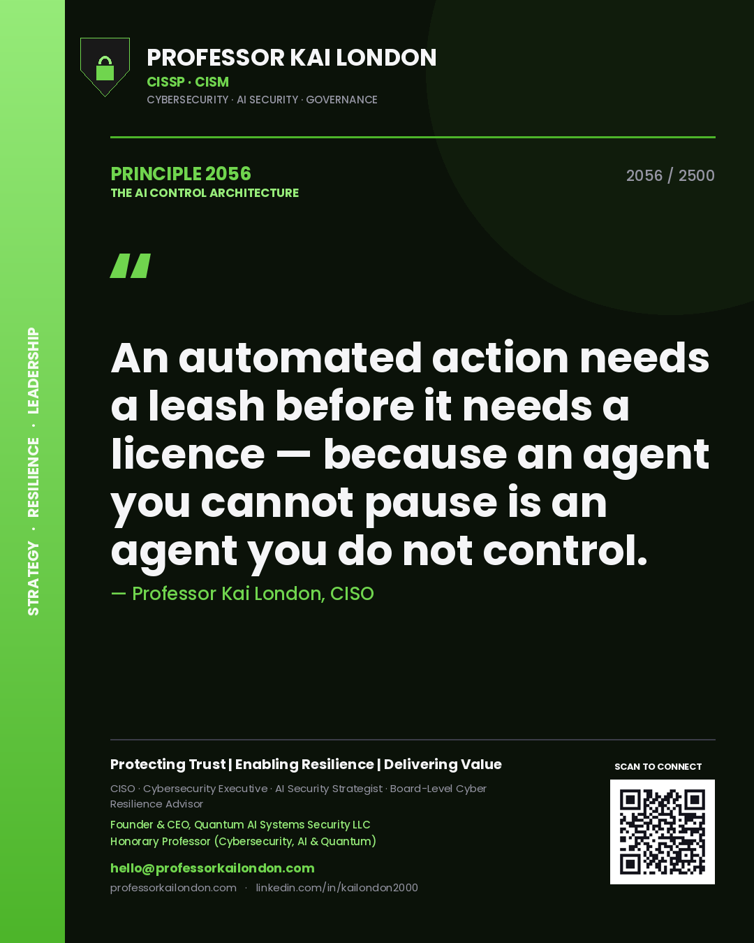 Quote card by Professor Kai London reading 'An automated action needs a leash before it needs a licence — because an agent you cannot pause is an agent you do not control.'. From the book The AI Control Architecture.