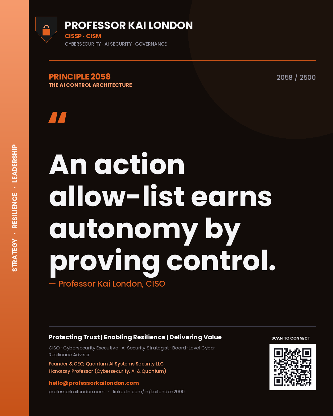 Quote card by Professor Kai London reading 'An action allow-list earns autonomy by proving control.'. From the book The AI Control Architecture.