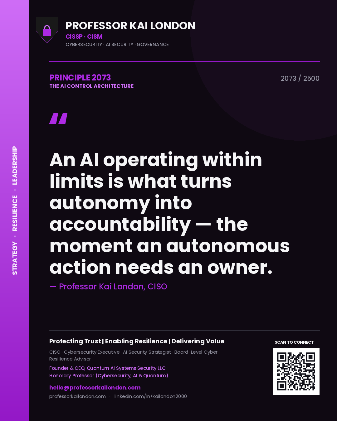Professor Kai London principle 2073: An AI operating within limits is what turns autonomy into accountability — the moment an autonomous action needs an owner.