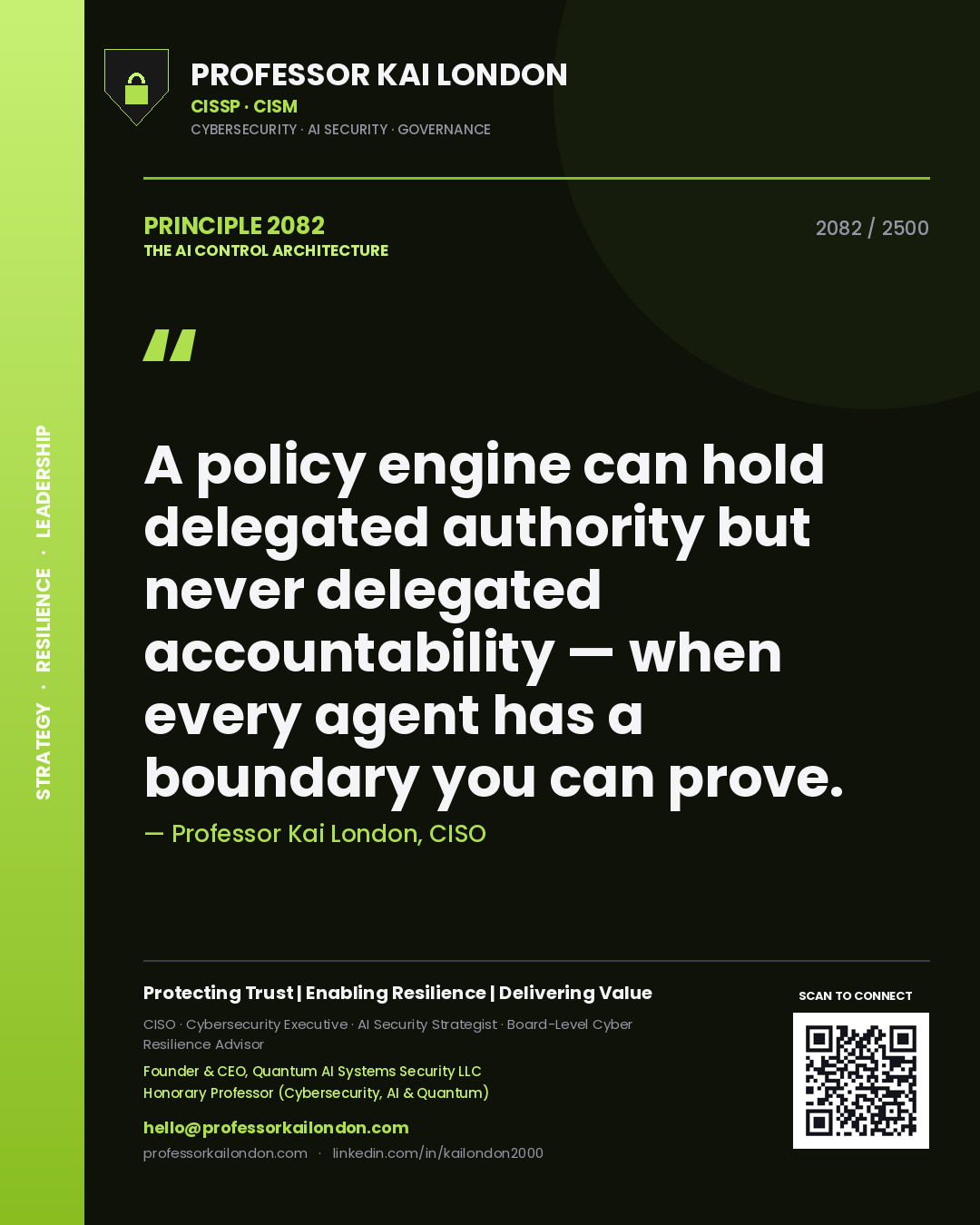 Quote card by Professor Kai London reading 'A policy engine can hold delegated authority but never delegated accountability — when every agent has a boundary you can prove.'. From the book The AI Control Architecture.