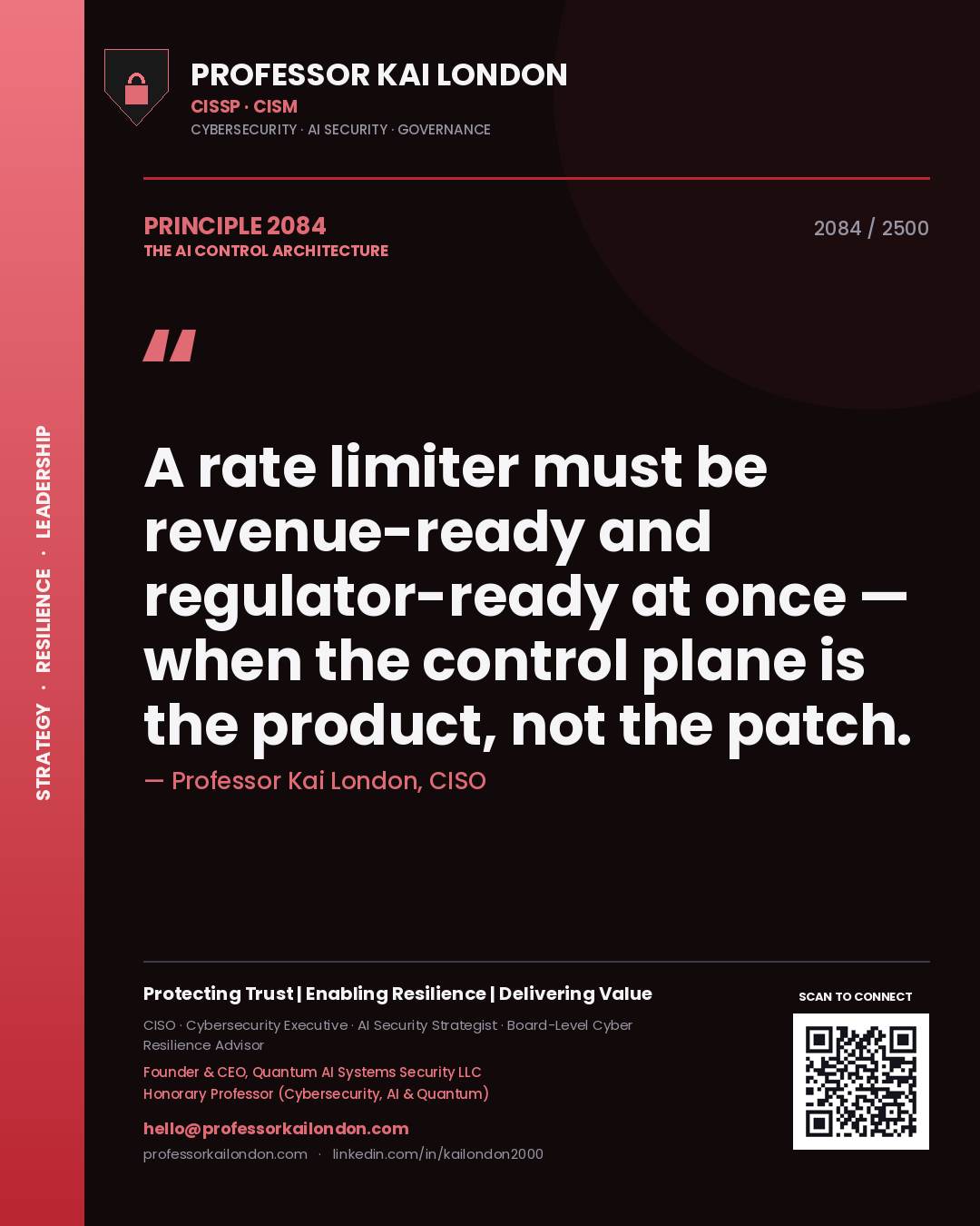 Quote card by Professor Kai London reading 'A rate limiter must be revenue-ready and regulator-ready at once — when the control plane is the product, not the patch.'. From the book The AI Control Architecture.
