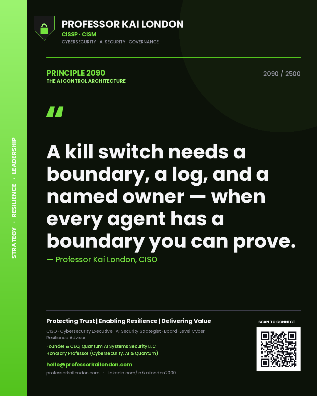 Quote card by Professor Kai London reading 'A kill switch needs a boundary, a log, and a named owner — when every agent has a boundary you can prove.'. From the book The AI Control Architecture.